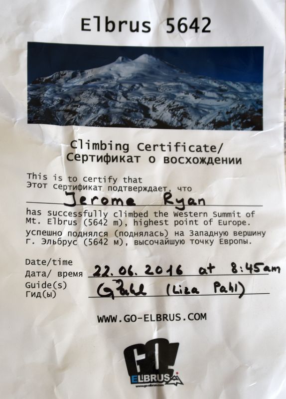 11E Jerome Ryan Mount Elbrus West Main Peak Summit Climbing Certificate